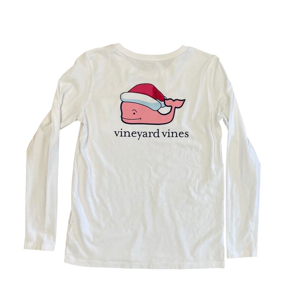 Vineyard Vines Kids White Christmas Santa Hat Whale Long Sleeve Pocket Tee L 14‎